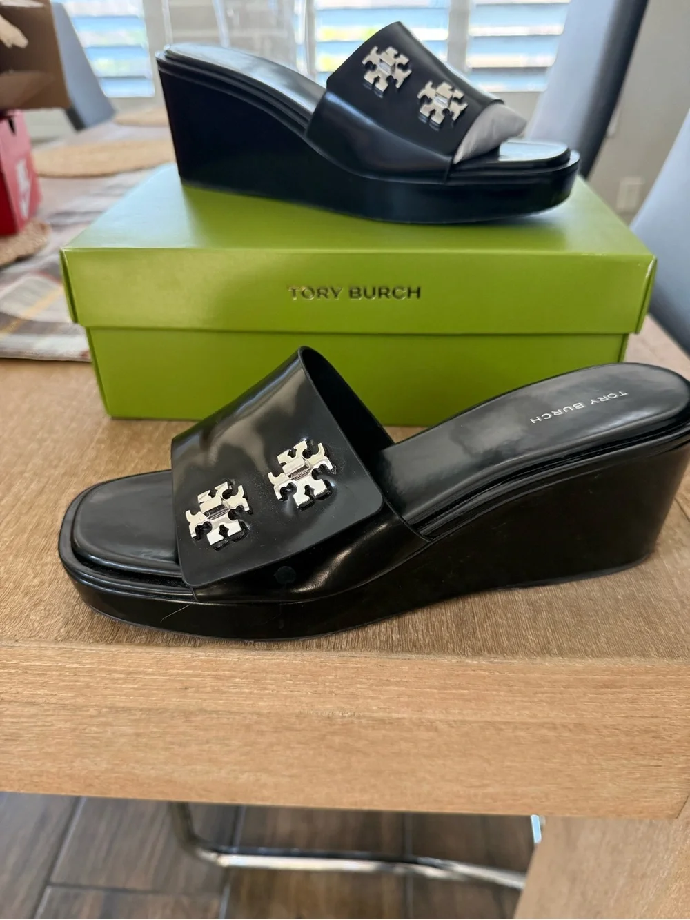 Tory Burch Black Patent Wedge Slide Sandals with Silver Logo